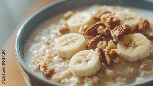 close up morning breakfast, bowl of oatmeal with bananas and nuts