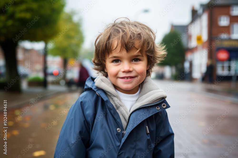 Portrait of a cute little boy in a blue jacket standing on the street Portrait of a cute little boy in a blue jacket standing on the street