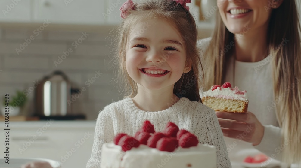 Smiling girl enjoying cake with her mom during baking time at home, clean and minimalistic image. Smiling girl enjoying cake with her mom during baking time at home, clean and minimalistic image.