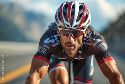 Portrait of professional cyclist man riding on the race. Closeup face and head of sportsman wearing sport glasses on eyes and helmet.
