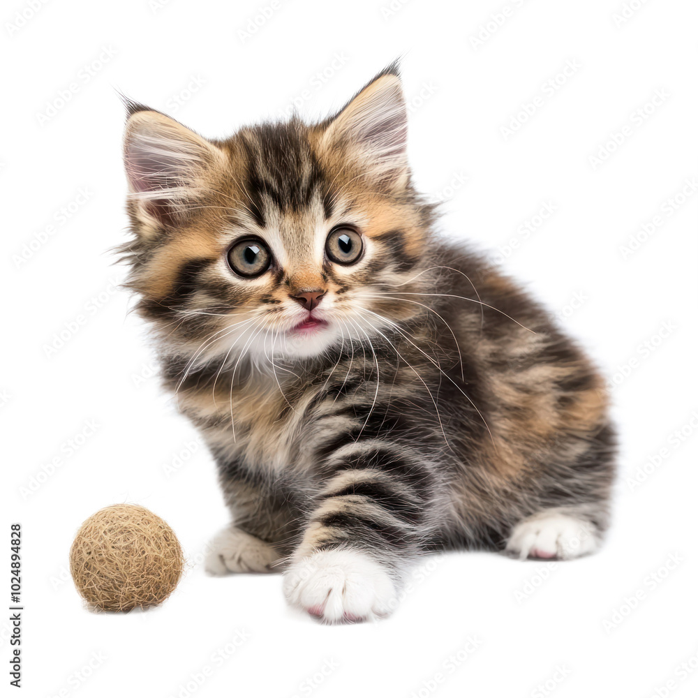 Obraz premium Playful kitten with a fluffy coat and curious eyes, interacting with a toy. isolated on transparency background
