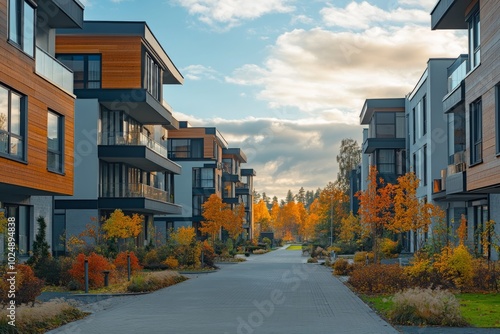 Modern Architecture Apartment Complex Fall Foliage Cityscape Pathway