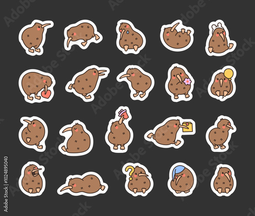 Cute kiwi bird. Sticker Bookmark. Friendly cartoon character. Hand drawn style. Vector drawing. Collection of design elements.