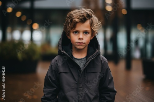 Portrait of a little boy in a black raincoat on the background of the city