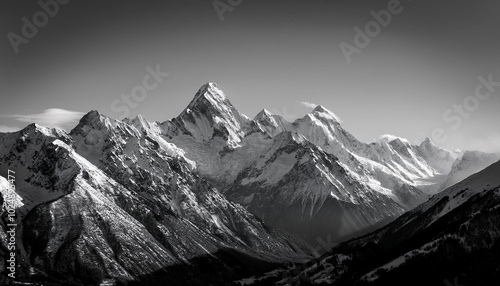 black and white image of snow capped mountains