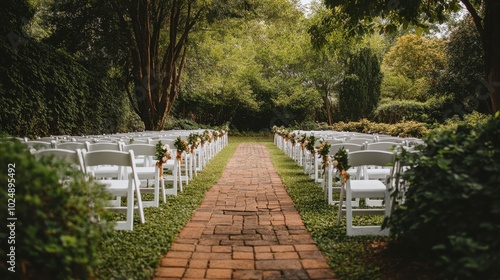 Wallpaper Mural A romantic garden wedding scene, rows of white chairs decorated with greenery Torontodigital.ca