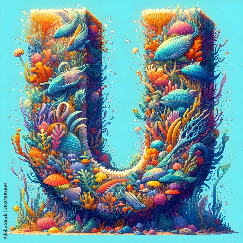 Letter U coral reef, underwater alphabet design, vibrant marine life, ocean typography, 3d rendering, colorful sea illustration, unique aquatic font, whimsical ocean art Letter U coral reef, underwater alphabet design, vibrant marine life, ocean typography, 3d rendering, colorful sea illustration, unique aquatic font, whimsical ocean art
