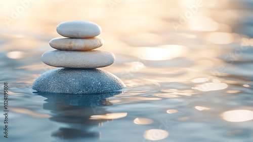 A tranquil zen stone stack with four smooth stones of varying sizes, muted colors like taupe and ivory, placed on a calm water surface with light ripples,