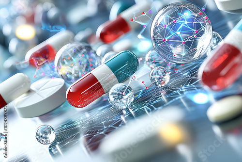 Colorful capsules and pills on a high-tech background, illustrating medicine and health. photo