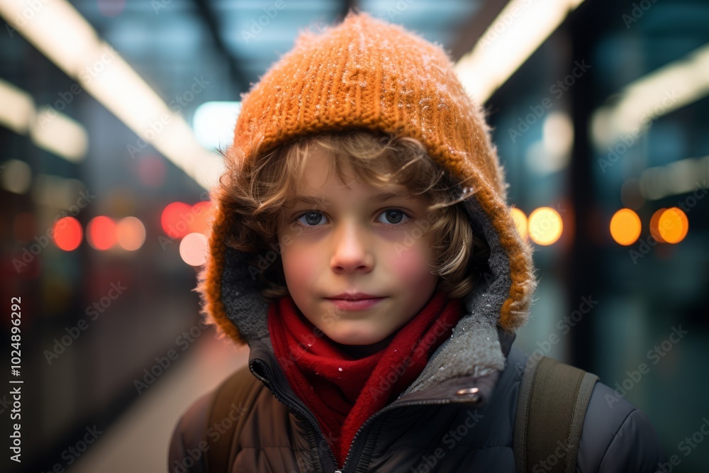 Portrait of a boy in a hat and scarf in the city. Portrait of a boy in a hat and scarf in the city.