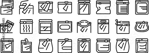 Zip bag icons set. Vacuum zipper bag icons set. Outline set of vacuum zipper bag vector icons for web design isolated on white background
