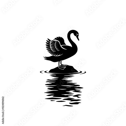  Elegant Swan Silhouette Standing on Rock with Water Reflection Vector Art