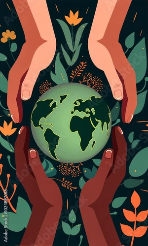  Hands holding the Earth with plant elements photo