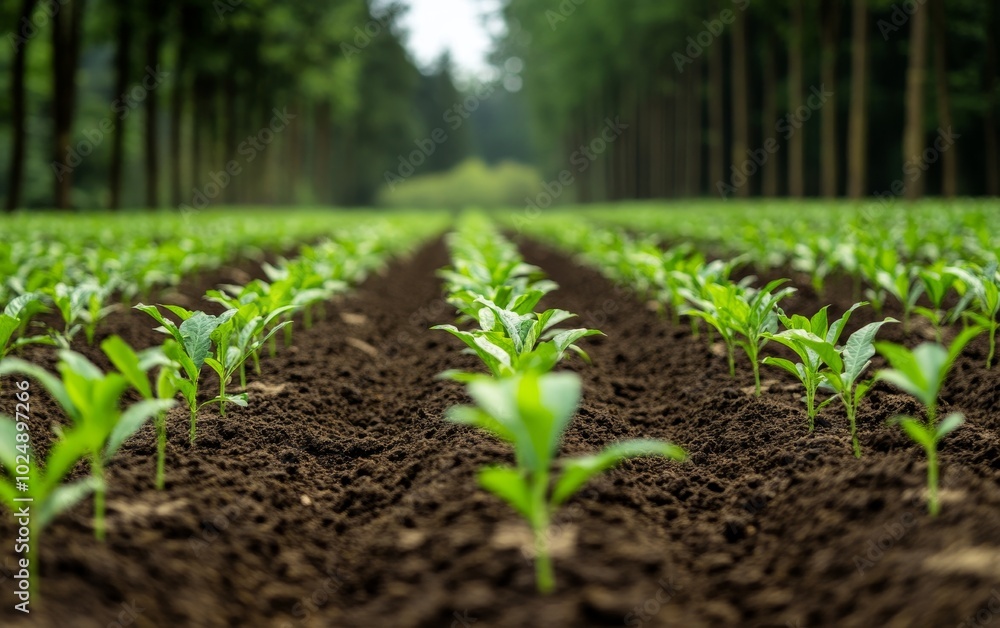 A close-up view of young plants growing in neat rows in a fertile field surrounded by trees. A close-up view of young plants growing in neat rows in a fertile field surrounded by trees.
