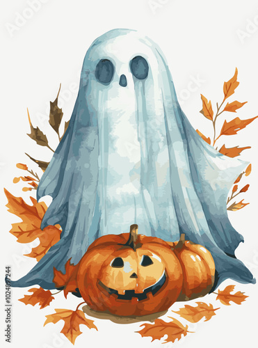 Cute ghost draped over smiling pumpkin surrounded by autumn leaves.