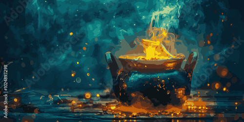 Magical cauldron with glowing potion, sparkles on dark backdrop.