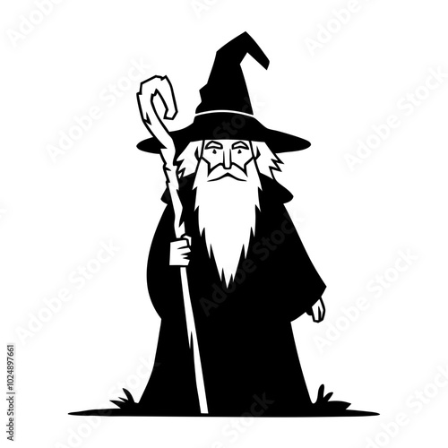  Wizard Silhouette with Staff in Pointed Hat Magical Fantasy Illustration Vector