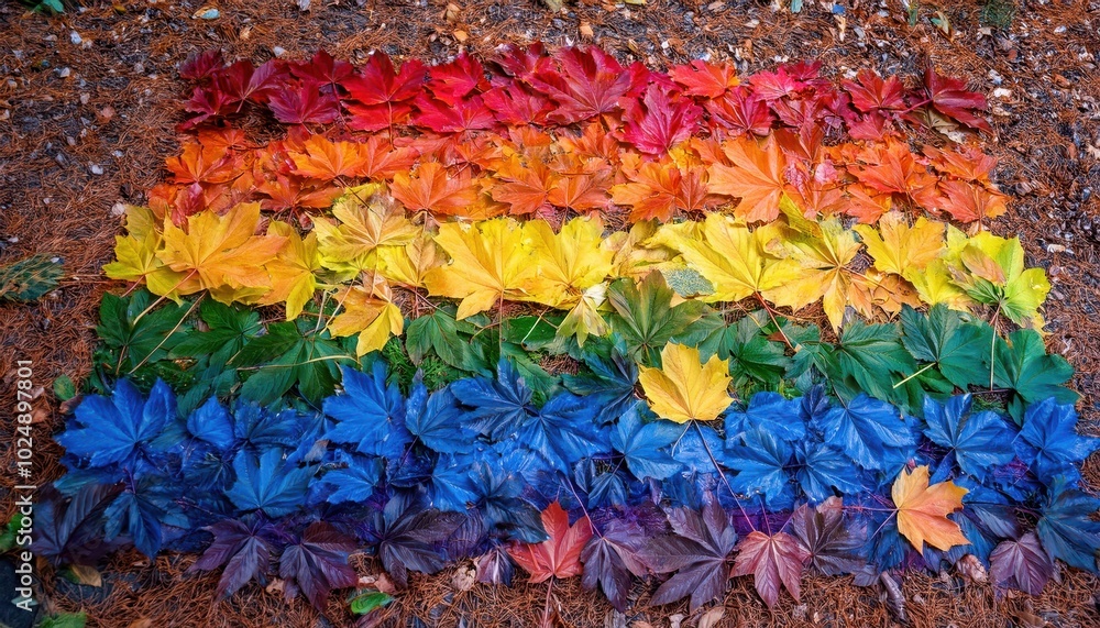 Obraz premium Nature's LGBTQ Pride. Vibrant Autumn Leaves Forming a Rainbow Spectrum in the Shape of the LGBTQ Flag for Inclusivity and Seasonal Transition Concepts