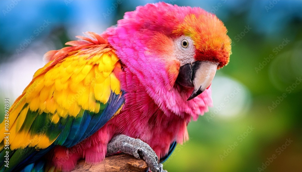 Obraz premium vibrant pixel art parrot bright pink yellow and orange feathers on branch
