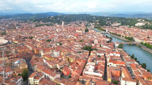 Italy, October 10, 2024: Panoramic aerial view of the beautiful city of love, Verona, in Veneto with its wonderful Arena and the Adige river