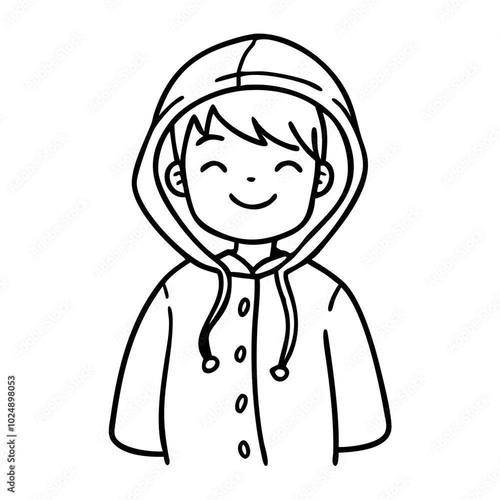 Smiling Child in Hooded Raincoat Black Line Art Vector Illustration Smiling Child in Hooded Raincoat Black Line Art Vector Illustration