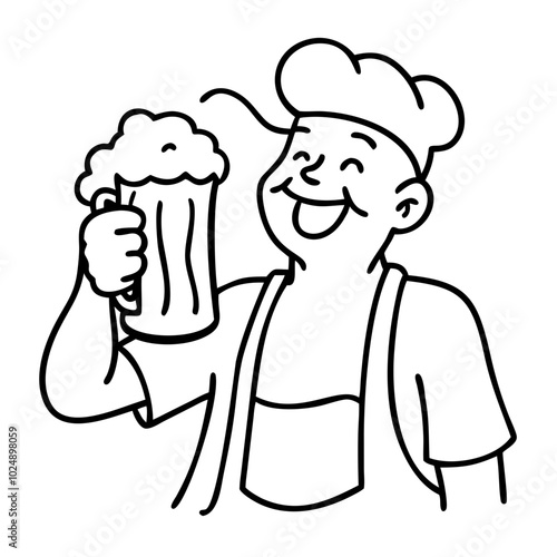  Cheerful Cartoon Chef Holding Beer Mug Outline Vector Illustration