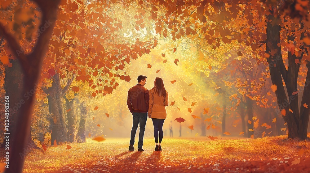 A couple shares a warm embrace in a leaf-strewn park, bathed in golden November sunset light A couple shares a warm embrace in a leaf-strewn park, bathed in golden November sunset light