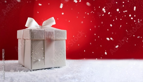 gift box on a red back ground and fake snow photo