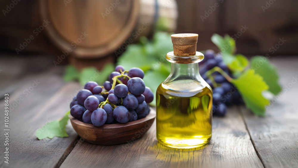 Bottle of grapeseed oil with fresh grapes on rustic wooden table. Natural ingredient for cooking, skincare, and wellness. Concept of organic beauty products and healthy nutrition from vineyard harvest Bottle of grapeseed oil with fresh grapes on rustic wooden table. Natural ingredient for cooking, skincare, and wellness. Concept of organic beauty products and healthy nutrition from vineyard harvest