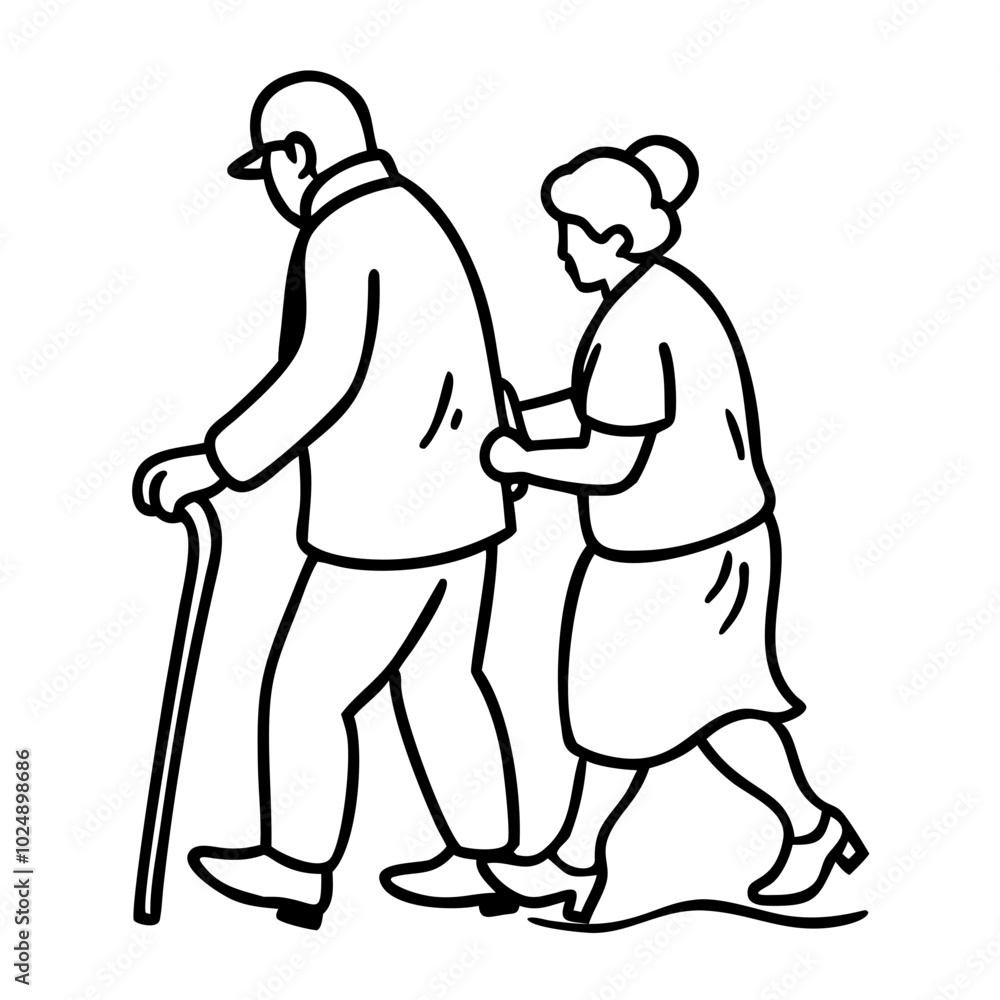 Elderly Caregiver Supporting Senior Man with Walking Stick Vector Illustration Elderly Caregiver Supporting Senior Man with Walking Stick Vector Illustration