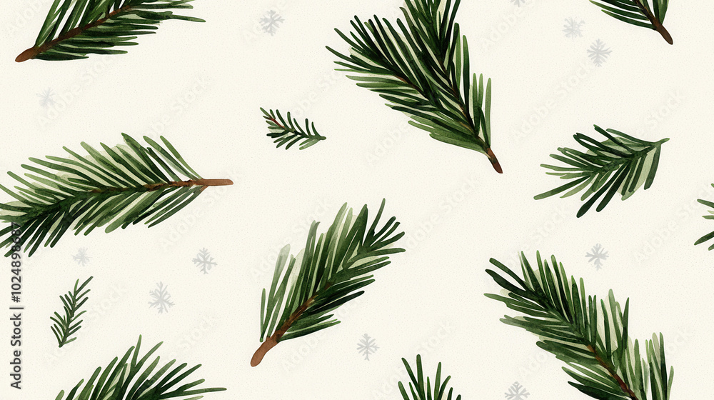 Green pine leaves on a neutral background with subtle snowflakes. Green pine leaves on a neutral background with subtle snowflakes.