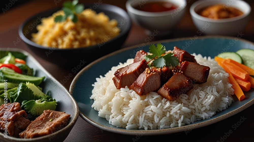 A plate of white rice topped with roasted pork, served with a side of cucumbers, carrots, and cilantro. A plate of white rice topped with roasted pork, served with a side of cucumbers, carrots, and cilantro.