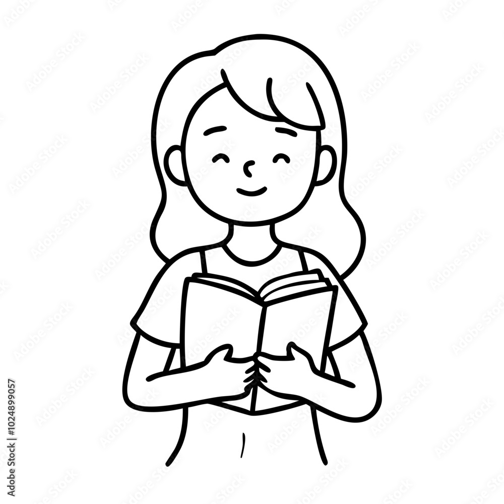 Smiling Girl Reading Book Line Art Vector in Black and White for Education Themes Smiling Girl Reading Book Line Art Vector in Black and White for Education Themes