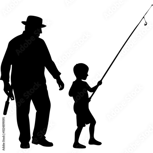  Silhouette of Grandfather and Grandson Fishing Adventure Vector