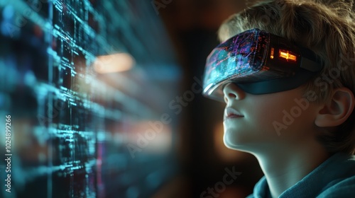 A child wearing a virtual reality headset explores a digital interface. The image captures the essence of futuristic technology and human interaction in virtual worlds. photo