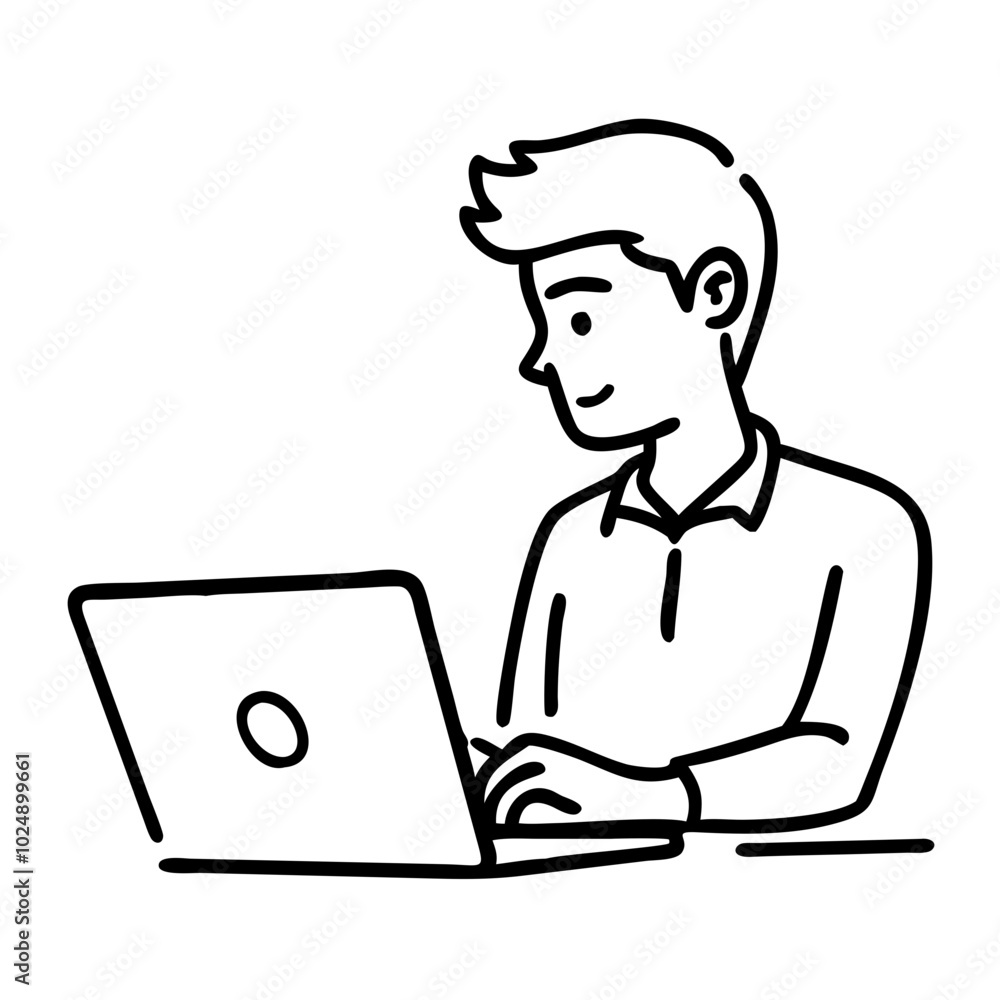Vector Illustration Young Man Working on Laptop in Office Setting Vector Illustration Young Man Working on Laptop in Office Setting