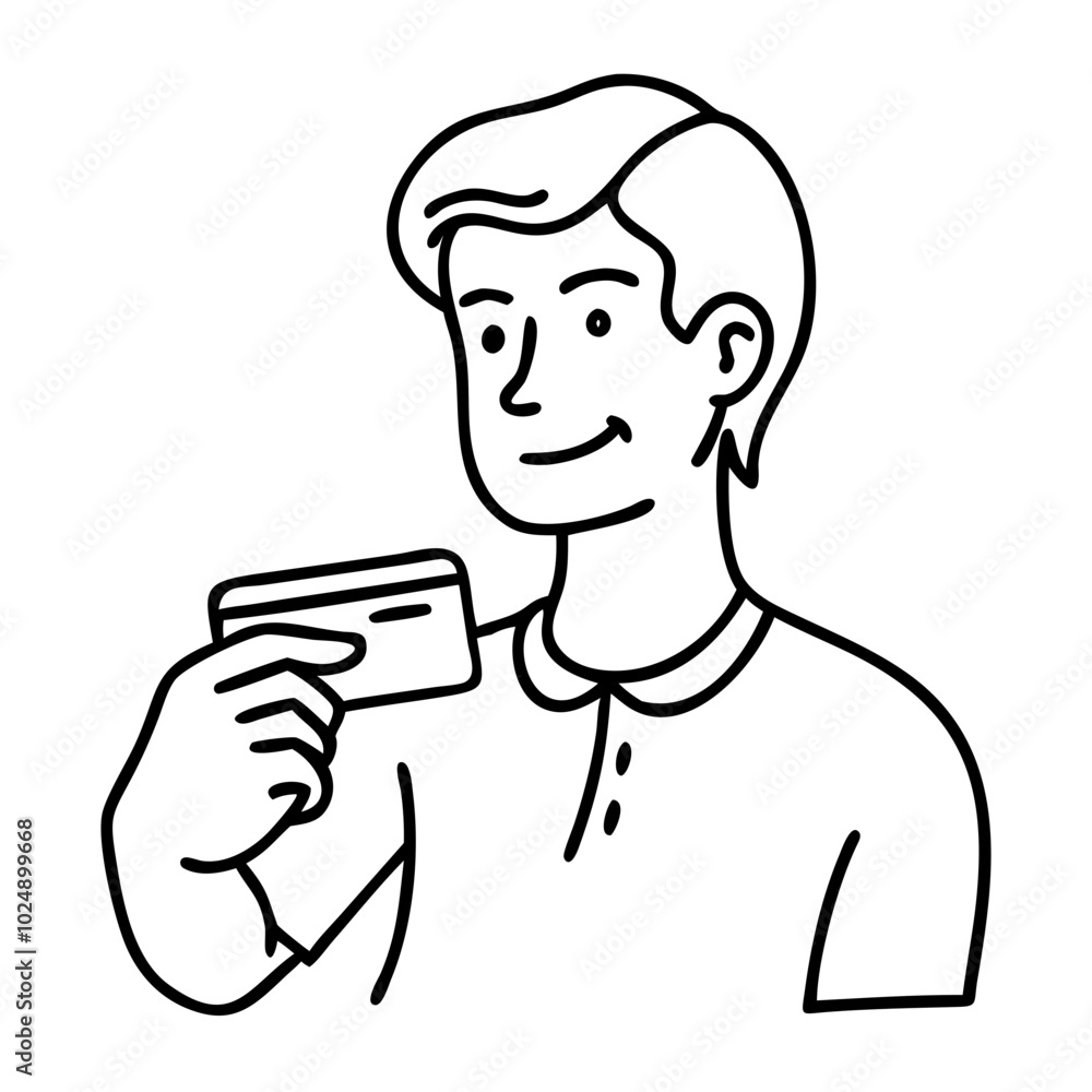 Man Holding Credit Card Line Art Vector for Online Shopping and Finance Concepts Man Holding Credit Card Line Art Vector for Online Shopping and Finance Concepts