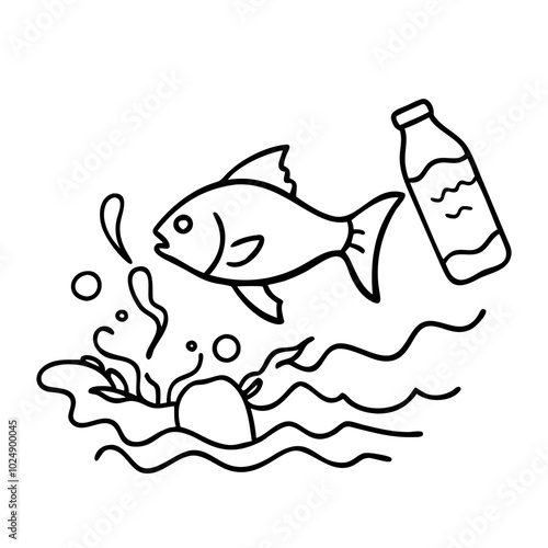  Environmental Pollution Awareness in Ocean with Fish and Plastic Bottle Vector