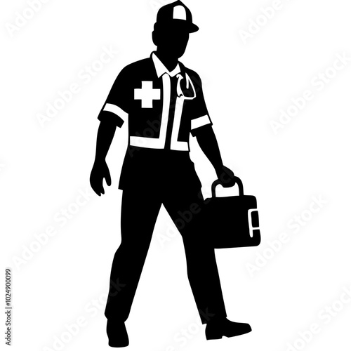 Emergency Paramedic Silhouette Vector Illustration with Medical Bag