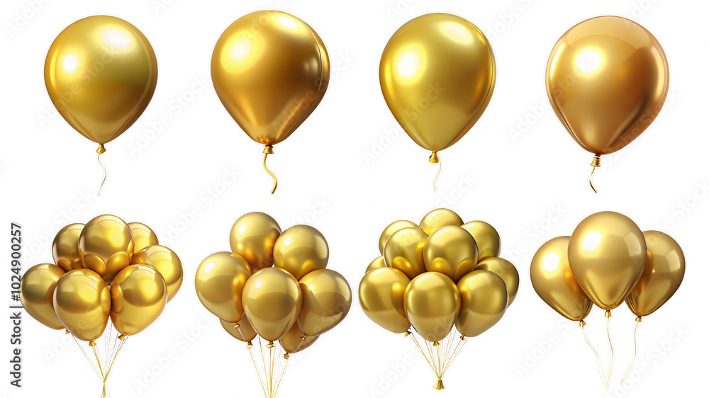3d render set of gold balloons isolated on transparent background Cartoon Illustration in plastic style