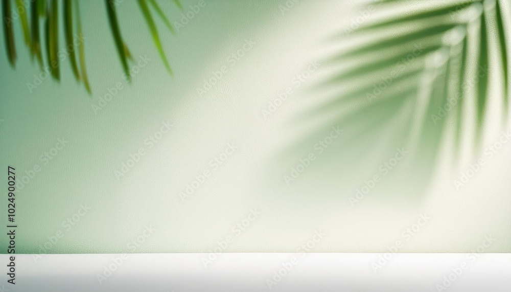 blurred shadow of palm leaves on a white wall with green lights abstract minimal background for a product presentation summer and spring seasons