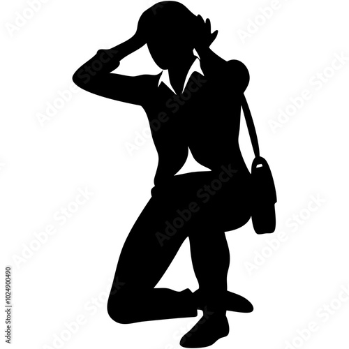  Silhouette of Kneeling Businesswoman Holding Head in Stressful Pose