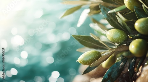 Vibrant green olives and leaves hang gracefully above shimmering turquoise water, capturing the essence of Mediterranean tranquility and natural beauty. photo