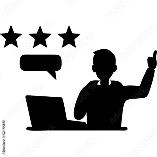  Silhouette of Person with Laptop Giving Feedback in Three Star Review Concept