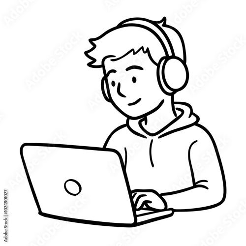  Young Person Wearing Headphones Using Laptop Vector Illustration for Online Learning