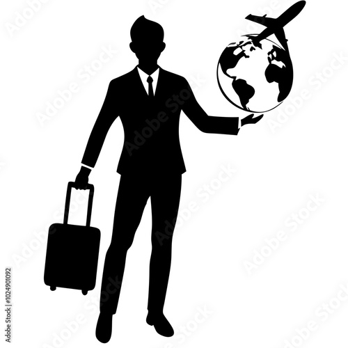  Business Travel Silhouette Holding Globe and Airplane Vector Illustration
