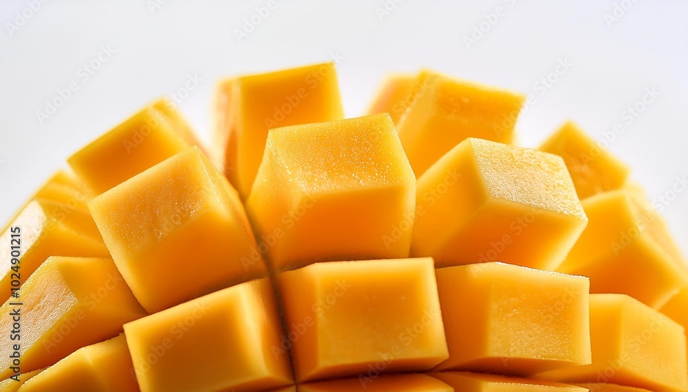 close up of a perfectly cut mango showing the intricate patterns of its cubes the golden yellow fruit contrasts against the pristine white backdrop close up of a perfectly cut mango showing the intricate patterns of its cubes the golden yellow fruit contrasts against the pristine white backdrop