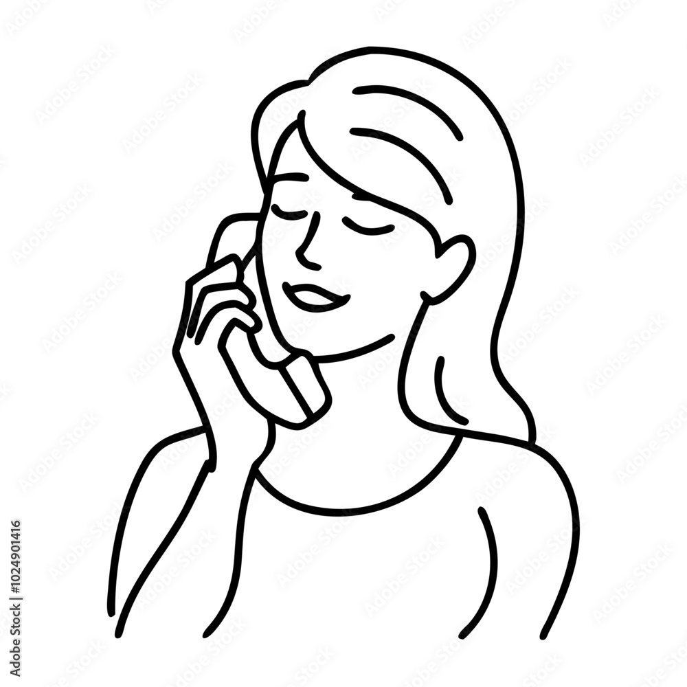 Woman Smiling While Talking on Phone Minimalist Line Art Illustration Woman Smiling While Talking on Phone Minimalist Line Art Illustration