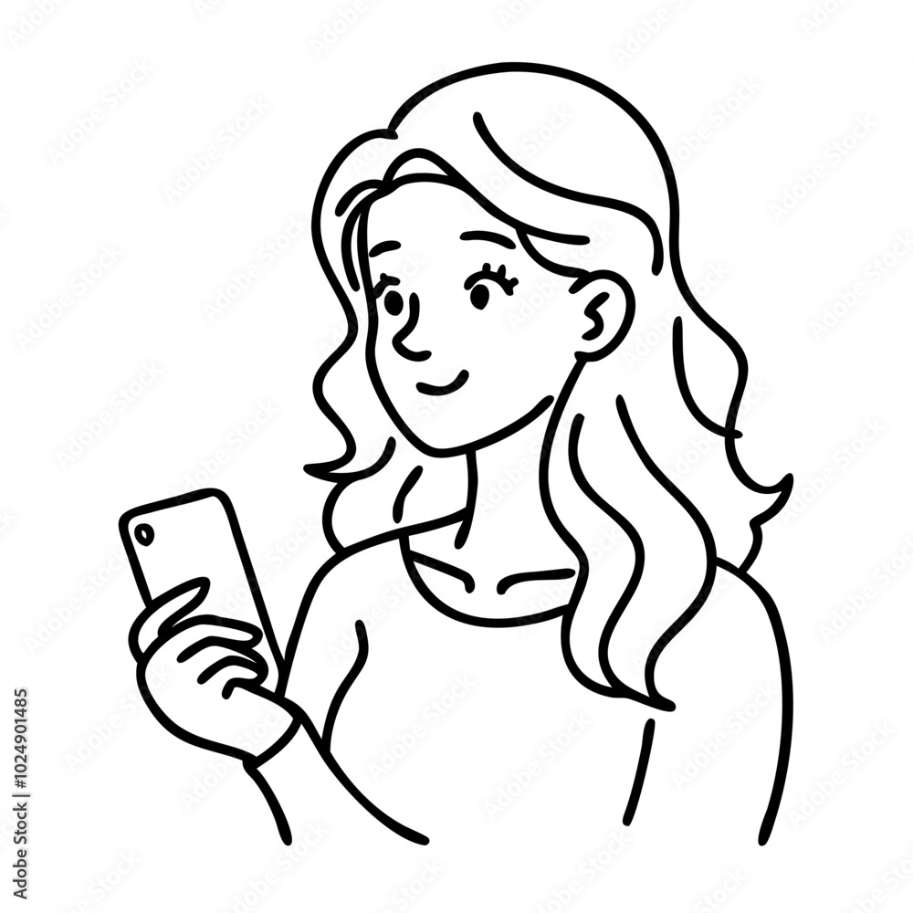  Vector Illustration of Smiling Woman Using Smartphone for Social Media Communication