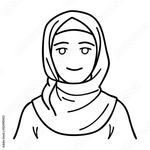  Vector Illustration Smiling Person Wearing Hijab Simple Line Art Design